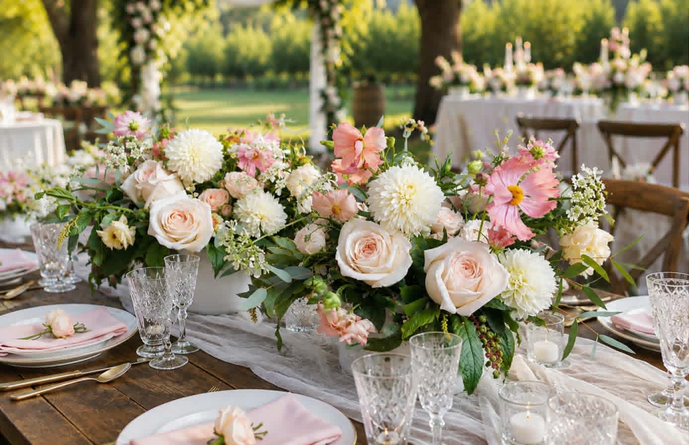 Pink and white wedding flowers on a reception table