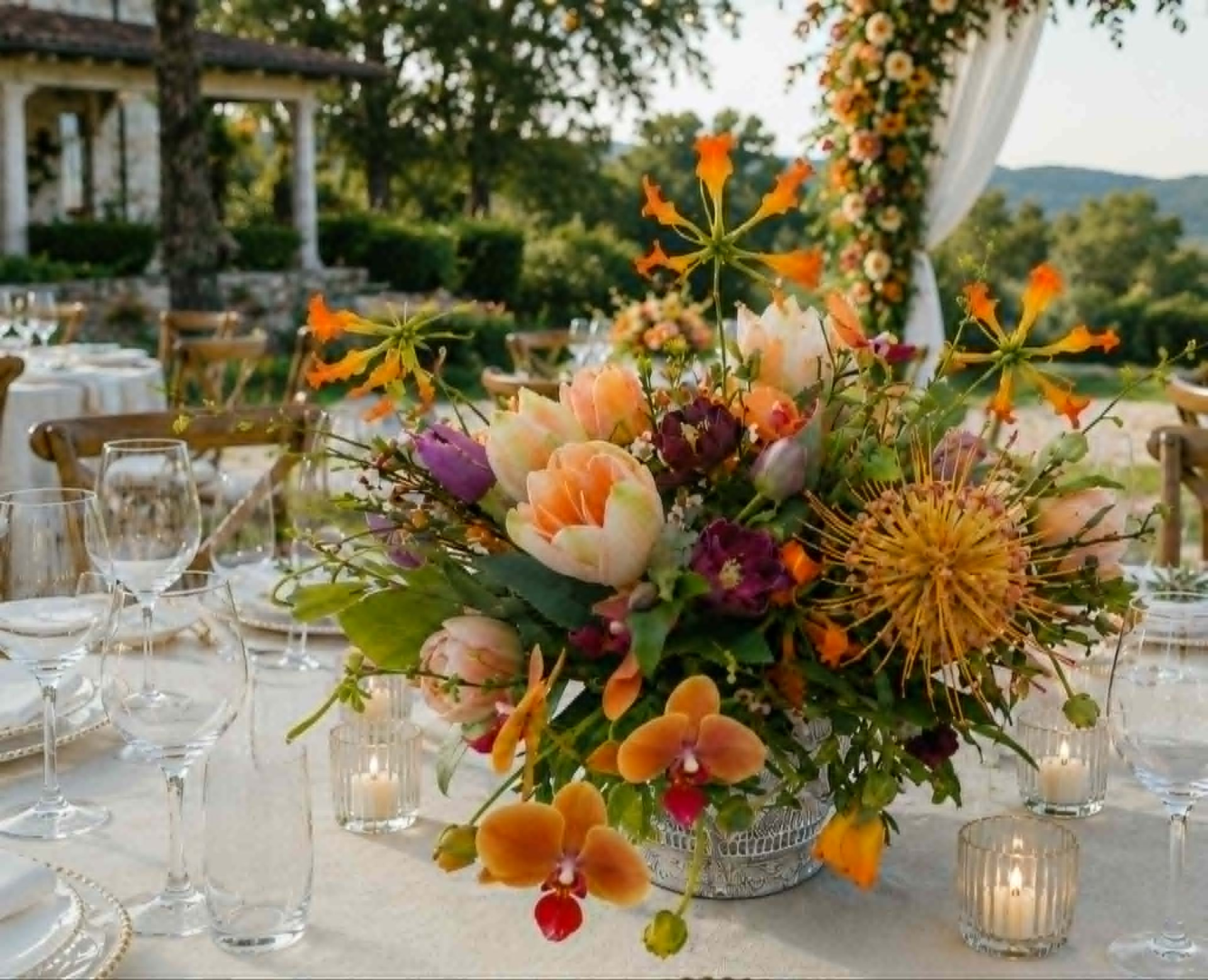 Colorful wedding centerpiece on a dining table